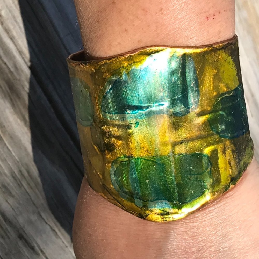 Embossed Copper Cuff Bracelet Boho Gift Spartan Gladiator Statement Armor Blue